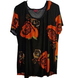 Prestige Edge Black Sheer Top Blouse with Flowers Roses size 3x short sl…